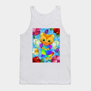 Angel Cat In Flower Garden Stained Glass Pattern Design Tank Top